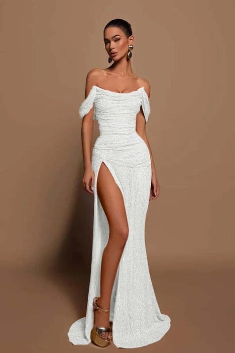Off-the-shoulder High Slit Sequins Prom Dress Strapless Long Evening Dress