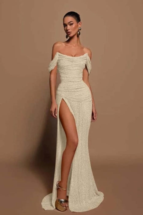 Off-the-shoulder High Slit Sequins Prom Dress Strapless Long Evening Dress
