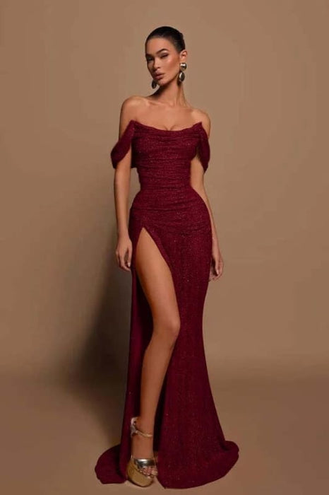 Off-the-shoulder High Slit Sequins Prom Dress Strapless Long Evening Dress