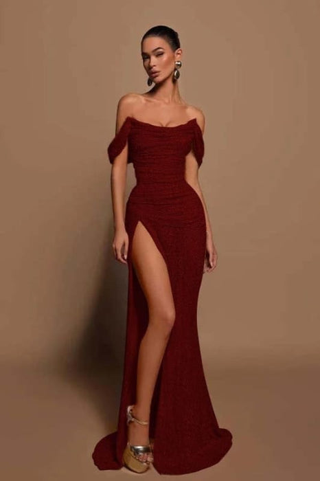 Off-the-shoulder High Slit Sequins Prom Dress Strapless Long Evening Dress