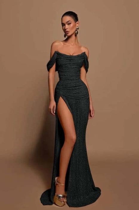 Off-the-shoulder High Slit Sequins Prom Dress Strapless Long Evening Dress