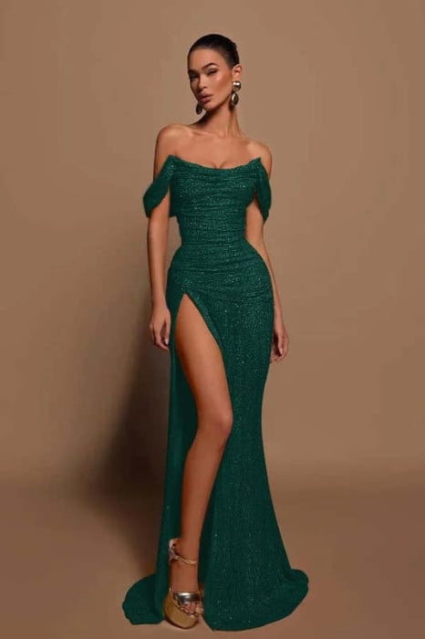 Off-the-shoulder High Slit Sequins Prom Dress Strapless Long Evening Dress