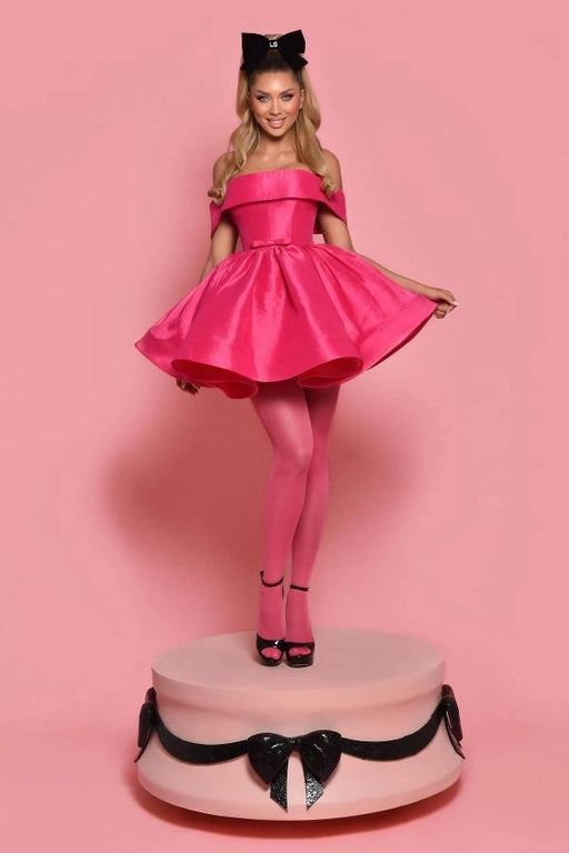 Off-the-Shoulder Hot Pink Aline Homecoming Dress Short with Bowknot