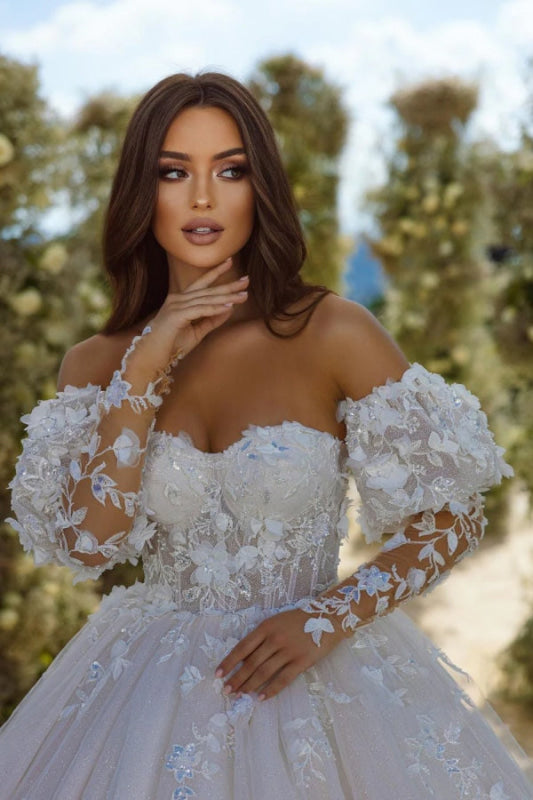 Lace Off the Shoulder Ivory A Line Midi Wedding Dress main image 1