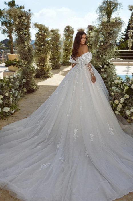Off-the-Shoulder Ivory Lace Wedding Dress Aline Bridal Gown