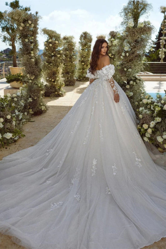Ivory Lace Off the Shoulder A Line Wedding Dress