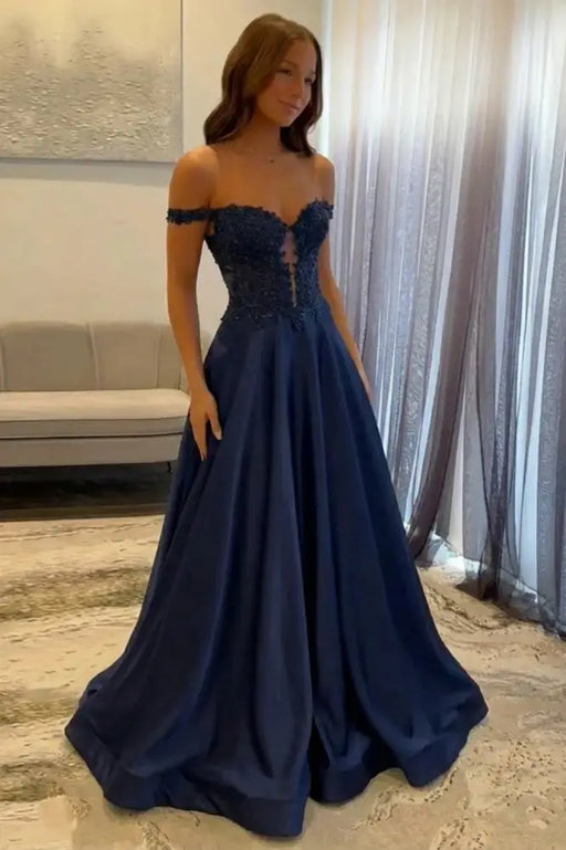Off-the-Shoulder A-line Evening Dress Lace Prom Dress Long
