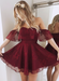 Bridelily A-Line Lace Off-the-Shoulder Sleeveless Short/Mini Dresses Burgundy