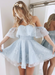 Bridelily A-Line Lace Off-the-Shoulder Sleeveless Short/Mini Dresses Sky Blue
