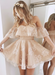 Bridelily A-Line Lace Off-the-Shoulder Sleeveless Short/Mini Dresses Champagne