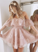 Bridelily A-Line Lace Off-the-Shoulder Sleeveless Short/Mini Dresses Dusty Pink