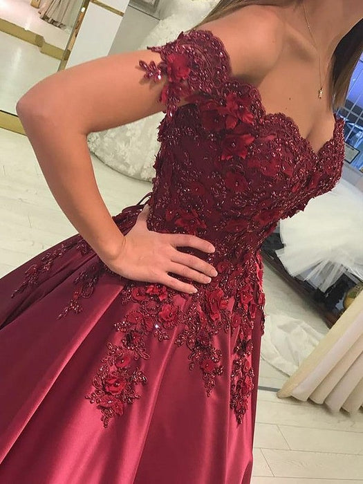Ball Gown Sleeveless Off-the-Shoulder Applique Satin Floor-Length Dresses - Prom Dresses