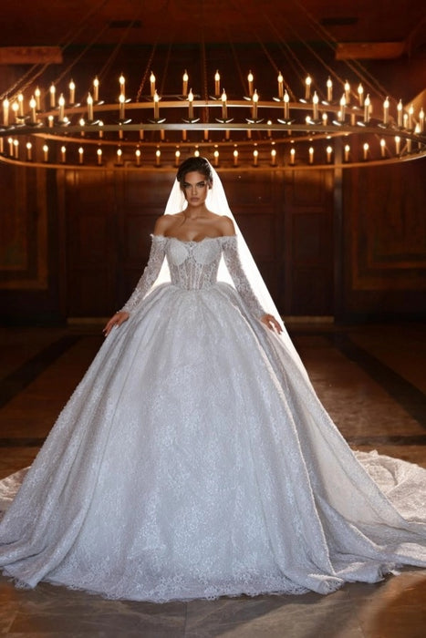 Off-Shoulder Long Sleeve Lace A-Line Ball Gown Wedding Dress-Bridelily Off-Shoulder Long Sleeve Lace A-Line Ball Gown Wedding Dress-Bridelily