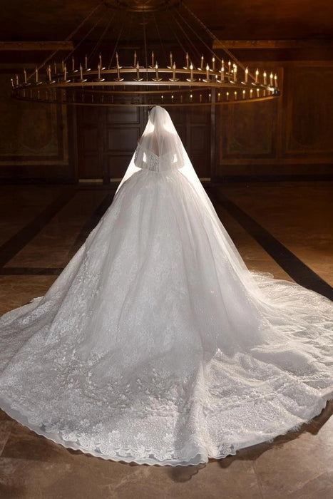 Off-Shoulder Long Sleeve Lace A-Line Ball Gown Wedding Dress-Bridelily Off-Shoulder Long Sleeve Lace A-Line Ball Gown Wedding Dress-Bridelily