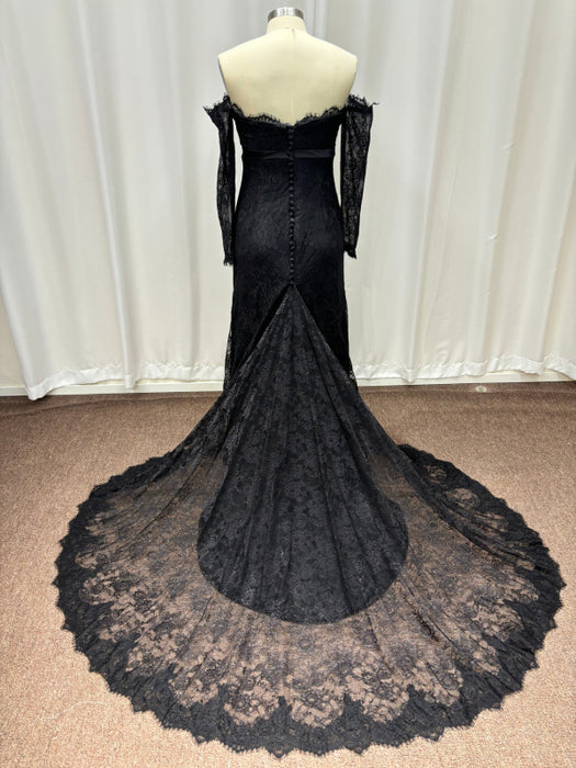 Off-the-Shoulder Lace Black Mermaid Evening Dress with Sleeves - Prom Dress