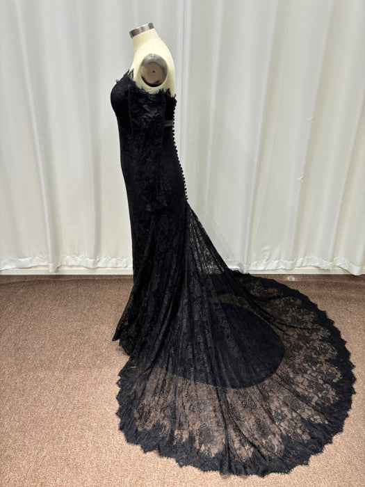 Off-the-Shoulder Lace Black Mermaid Evening Dress with Sleeves - Prom Dress