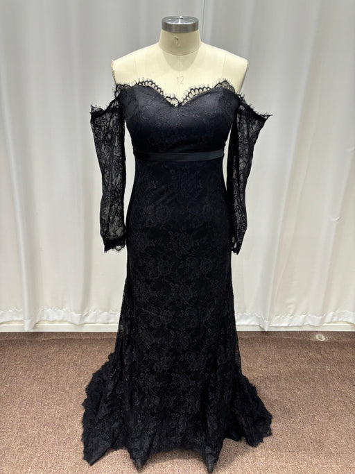 Off-the-Shoulder Lace Black Mermaid Evening Dress with Sleeves - Prom Dress