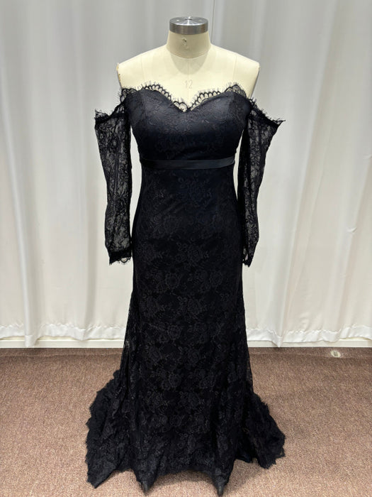 Off-the-Shoulder Lace Black Mermaid Evening Dress with Sleeves - Prom Dress