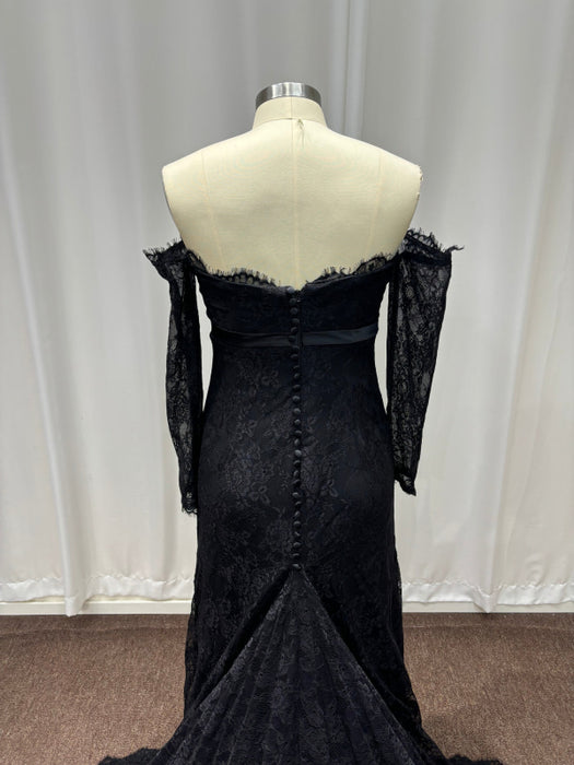 Off-the-Shoulder Lace Black Mermaid Evening Dress with Sleeves - Prom Dress