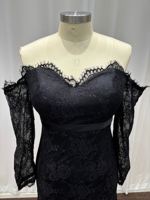 Off-the-Shoulder Lace Black Mermaid Evening Dress with Sleeves - Prom Dress