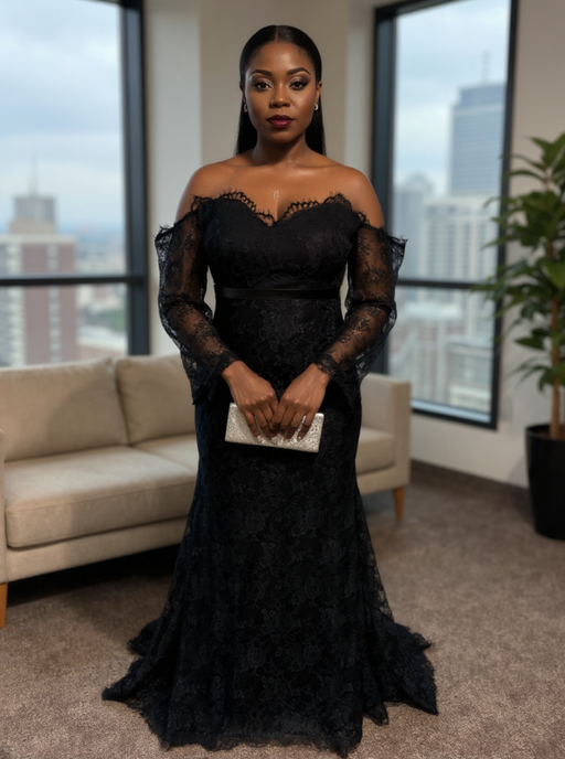 Off-the-Shoulder Lace Black Mermaid Evening Dress with Sleeves - Prom Dress
