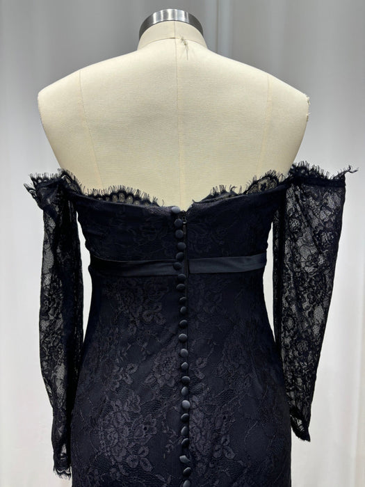 Off-the-Shoulder Lace Black Mermaid Evening Dress with Sleeves - Prom Dress