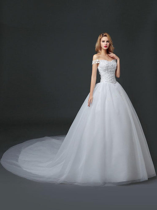 Princess Wedding Dresses Off The Shoulder Lace 3D Flowers Applique Tulle Ivory Long Train Bridal Gown