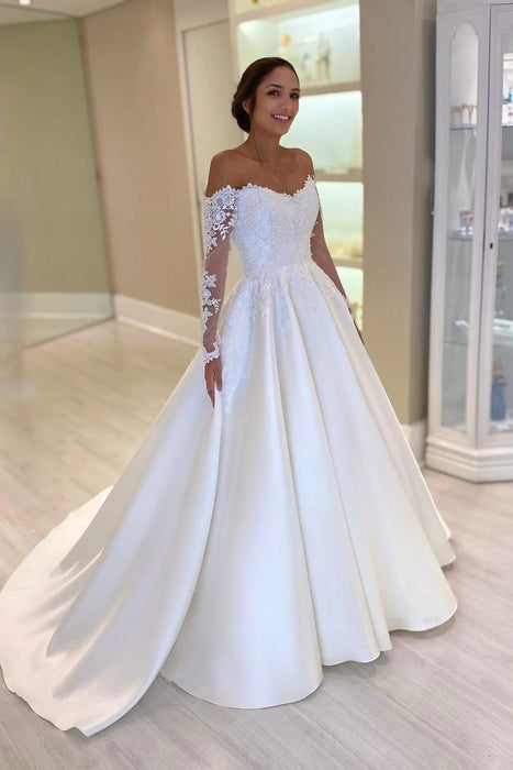 Off-the-Shoulder Lace Long Sleeve Satin Bridal Ball Gown with Chapel Train