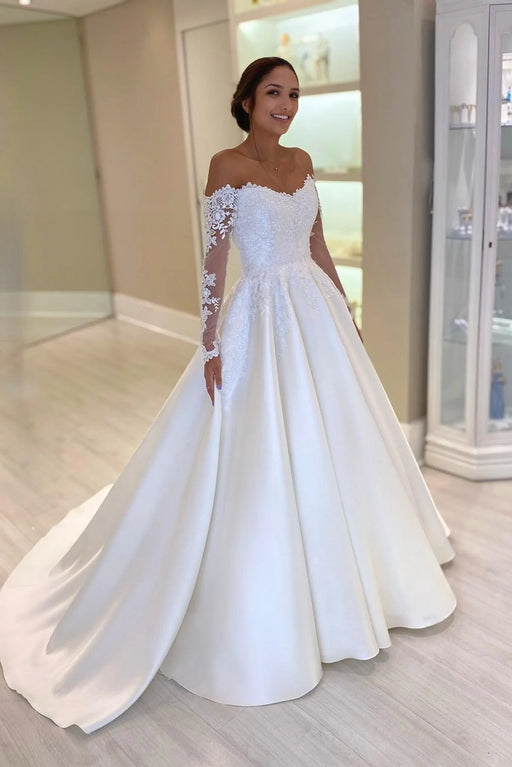 Off-the-Shoulder Lace Long Sleeve Satin Bridal Ball Gown with Chapel Train