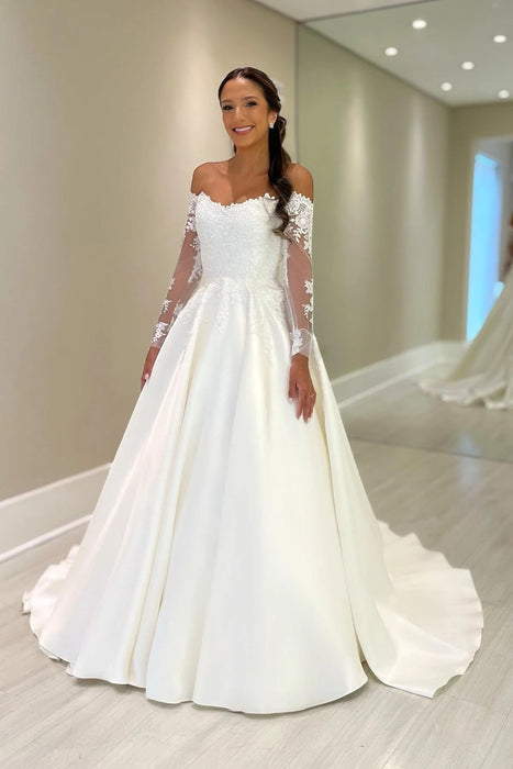 Off-the-Shoulder Lace Long Sleeve Satin Bridal Ball Gown with Chapel Train