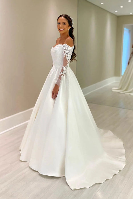 Off-the-Shoulder Lace Long Sleeve Satin Bridal Ball Gown with Chapel Train