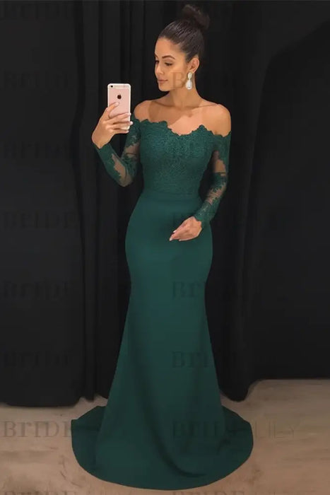 Jade Trumpet/Mermaid Off-the-Shoulder Long Sleeves Sweep/Brush Train Lace Stretch Crepe Dresses - Prom Dresses