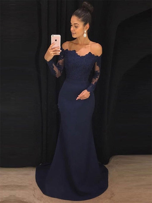 Trumpet/Mermaid Off-the-Shoulder Long Sleeves Sweep/Brush Train Lace Stretch Crepe Dresses - Prom Dresses