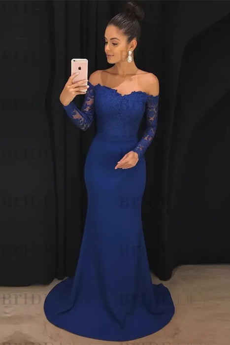 Royal Blue Trumpet/Mermaid Off-the-Shoulder Long Sleeves Sweep/Brush Train Lace Stretch Crepe Dresses - Prom Dresses