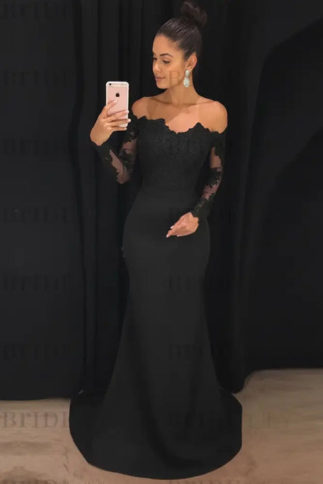 Black Trumpet/Mermaid Off-the-Shoulder Long Sleeves Sweep/Brush Train Lace Stretch Crepe Dresses - Prom Dresses
