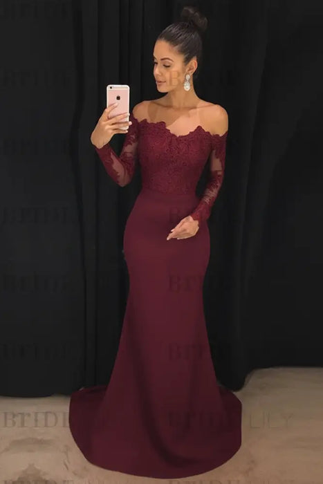 Burgundy Trumpet/Mermaid Off-the-Shoulder Long Sleeves Sweep/Brush Train Lace Stretch Crepe Dresses - Prom Dresses