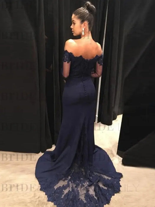 Trumpet/Mermaid Off-the-Shoulder Long Sleeves Sweep/Brush Train Lace Stretch Crepe Dresses - Prom Dresses