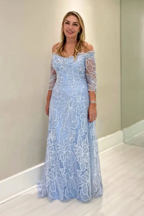 Sky Blue Lace Mother of the Bride Dress with Flowers-Bridelily Sky Blue Lace Mother of the Bride Dress with Flowers-Bridelily