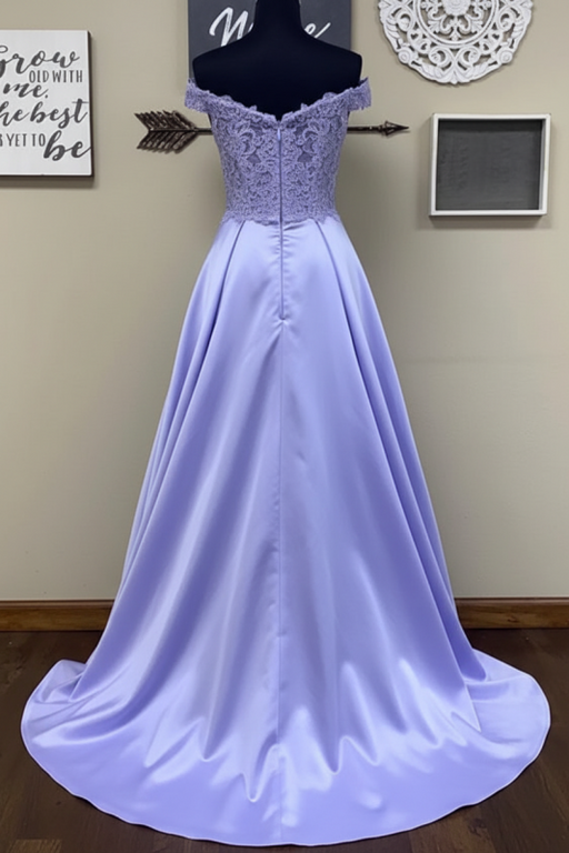 Off the Shoulder Lace Top Purple Long Prom Dresses, Off Shoulder Purple Formal Dresses, Purple Lace Evening Dresses