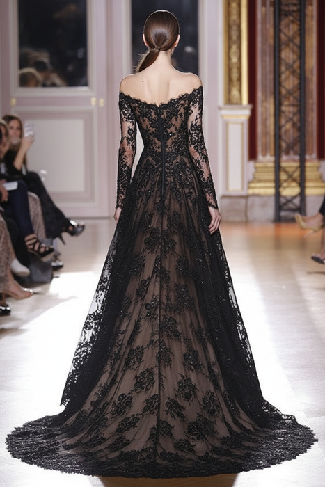 A-Line/Princess Off-the-Shoulder Long Sleeves Lace Sweep/Brush Train Dresses - Prom Dresses