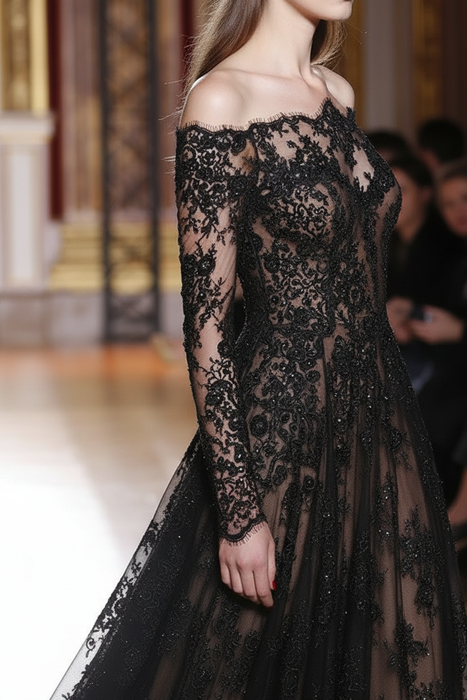 A-Line/Princess Off-the-Shoulder Long Sleeves Lace Sweep/Brush Train Dresses - Prom Dresses