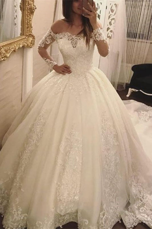 Off the Shoulder Long Sleeves Ball Gown Wedding Dress With Lace Appliques
