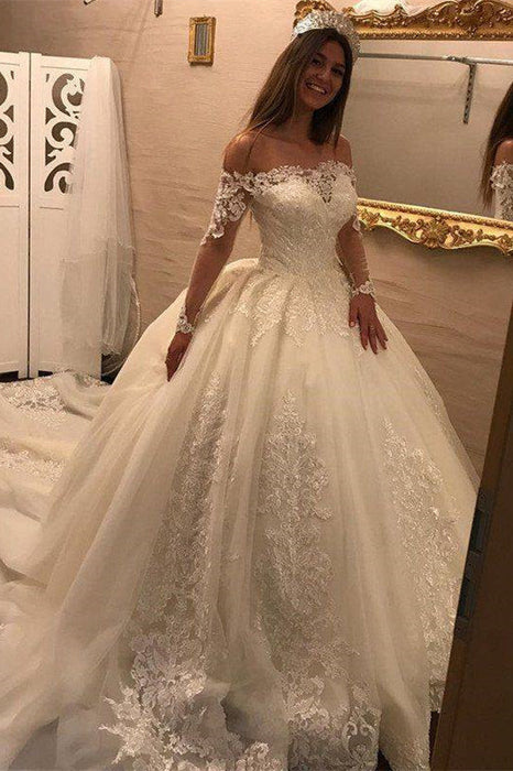 Off the Shoulder Long Sleeves Ball Gown Wedding Dress With Lace Appliques