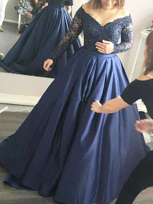 Ball Gown Off-the-Shoulder Long Sleeves Beading Satin Sweep/Brush Train Dresses - Prom Dresses