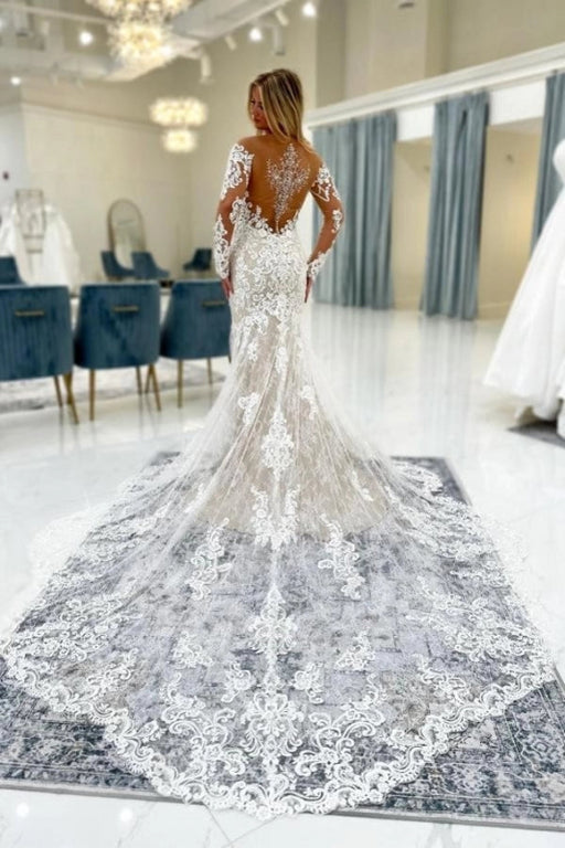 Off the Shoulder Long Sleeves ivory Lace Wedding Dress Mermaid with Train wedding dresses