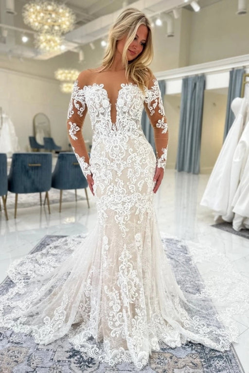 Off the Shoulder Long Sleeves ivory Lace Wedding Dress Mermaid with Train wedding dresses