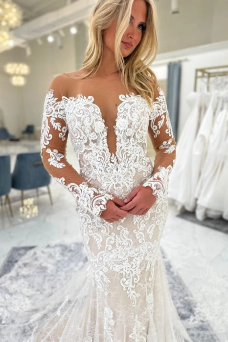 Off the Shoulder Long Sleeves ivory Lace Wedding Dress Mermaid with Train wedding dresses