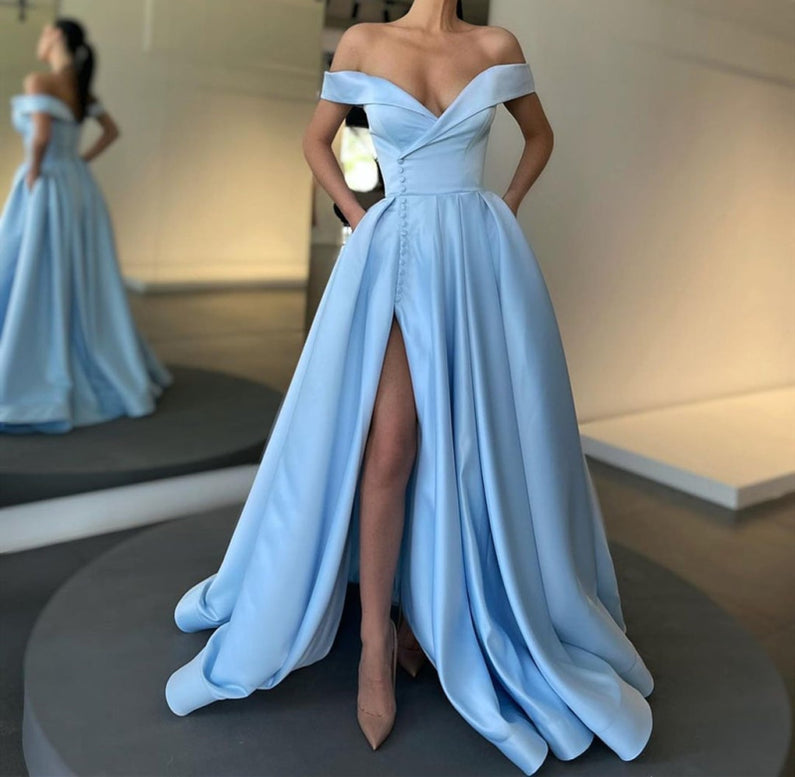 Off-the-Shoulder Long Split Prom Dress-Bridelily