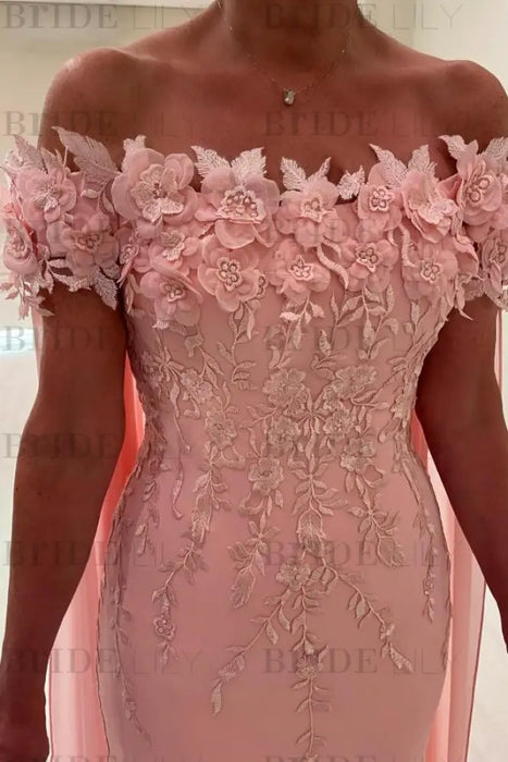Off-The-Shoulder Mermaid Satin Wedding Guest Dresses Long with Appliques - Prom Dresses