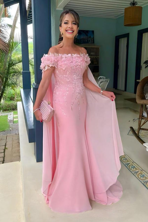 Off-The-Shoulder Mermaid Satin Wedding Guest Dresses Long with Appliques - Prom Dresses